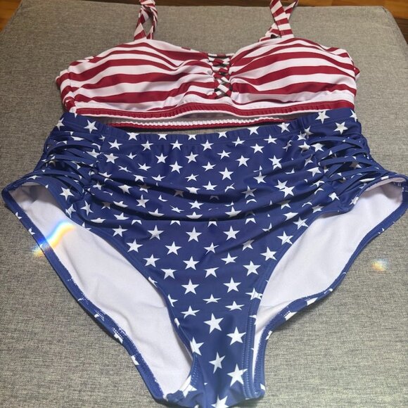 High Waisted American Flag Print Bikini Set - Picture 1 of 9